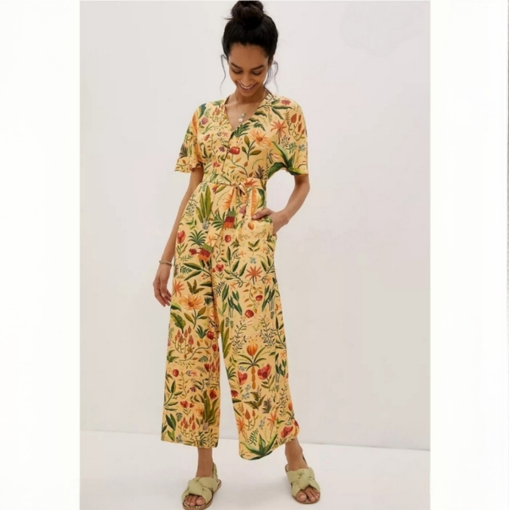 Farm Rio For Anthropologie Floral V-Neck Jumpsuit Size Medium